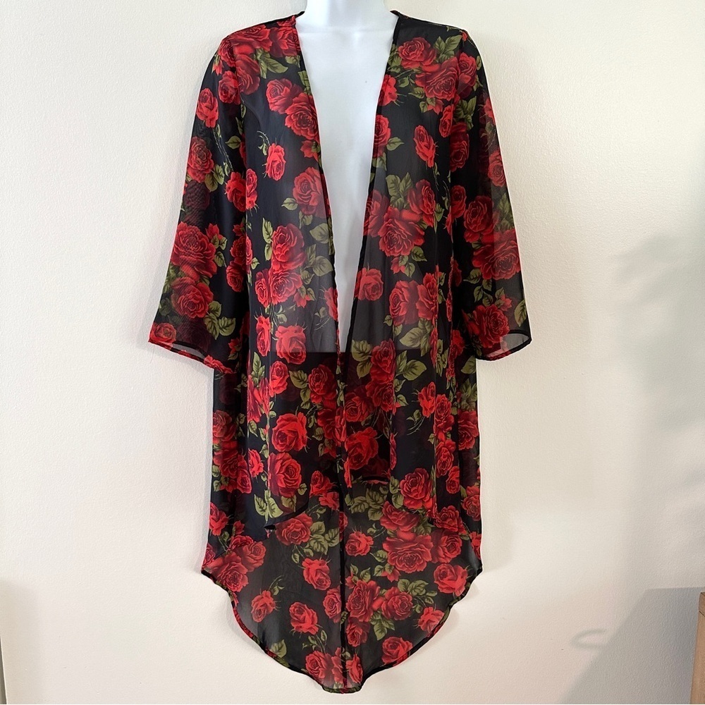 Windsor Black and Red Floral Kimono Blouse